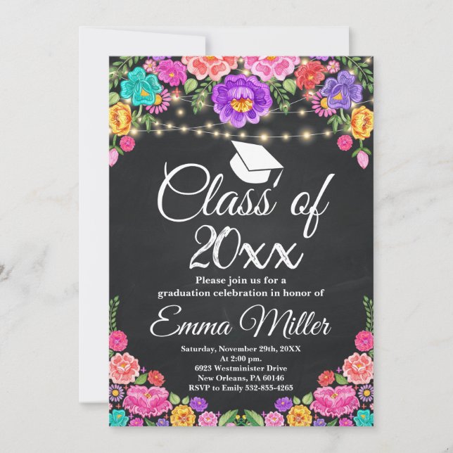 Invitation Classe de 20XX Mexicain Floral Chalkboard Graduati (Devant)