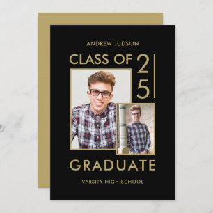 Invitation Classe De 25 Moderne Black & Gold 2 Photo Open Hou