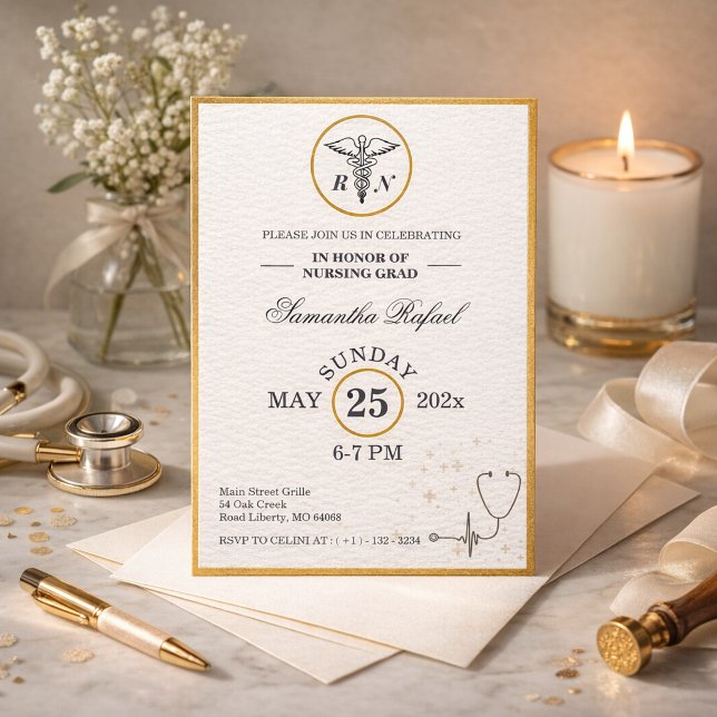 Invitation Classe de fin d'études d'infirmière formelle en or (Gold Formal Nursing Graduate Class of 2026 Heart Stethoscope invite)