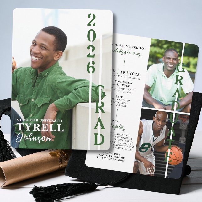 Invitation Classe de finissants 2026 multi-photos moderne (Modern multi photo graduation announcement with vertical 2026 graduate design and custom details.)