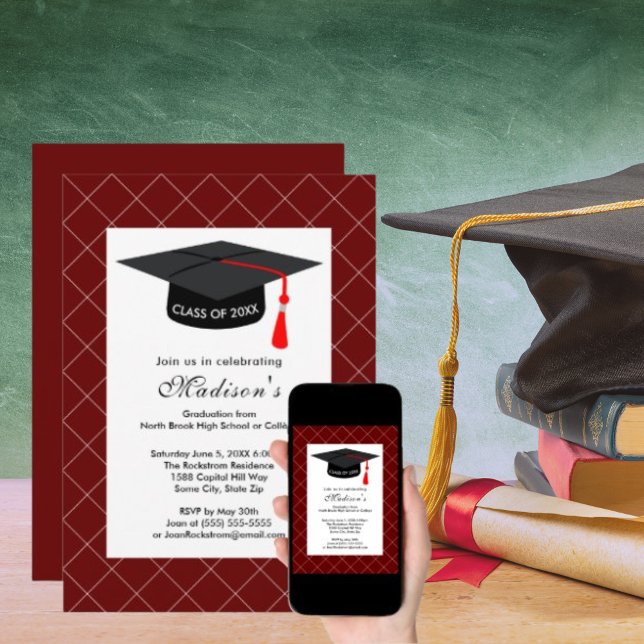 Invitation Classe de graduation blanc rouge foncé du Parti 20 (Dark Red White Graduation Class of 2024 Party Invitation)