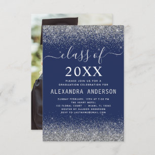 Invitation Classe de graduation photo en argent bleu marine d