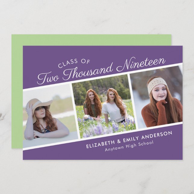 Invitation Classe de script élégant de 2019 | 3 Photos Gradua (Devant / Derrière)