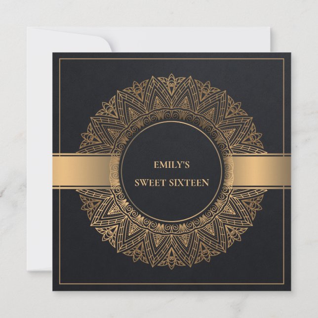 INVITATION CLASSE D'OR NOIR ORNATE MANDALA SWEET 16 ANNIVERSA (Dos)