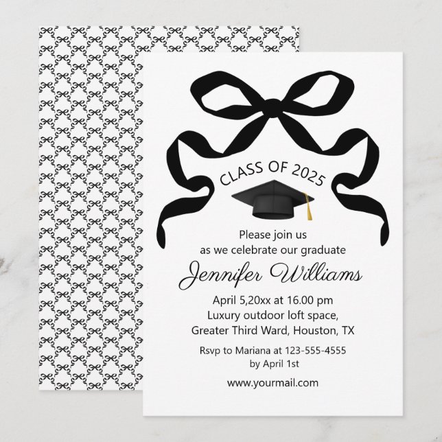 Invitation classe élégante black bow graduation party de 2025 (Devant / Derrière)