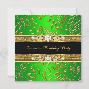 Invitation Classe Élégante Femme Damassé Vert Citron Or Anniv