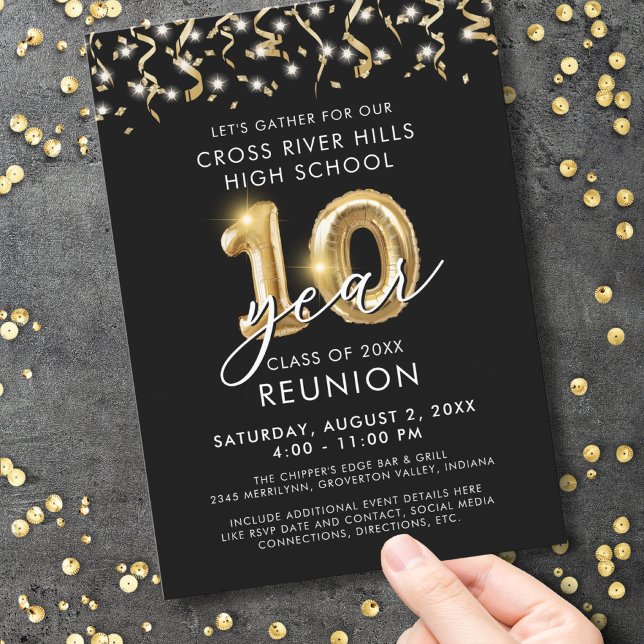 Invitation Classe moderne 10 ans Réunion Black Gold Balloon (Créateur téléchargé)