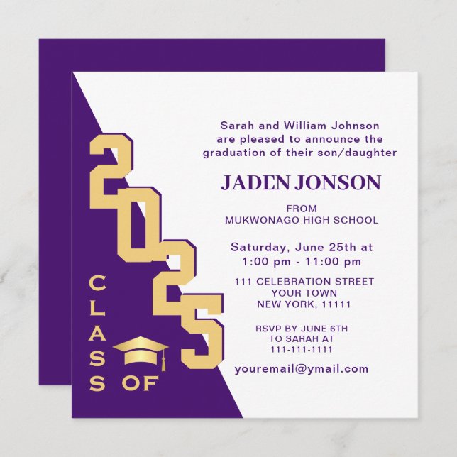 Invitation Classe moderne de 2022 Gold Purple Graduation Part (Devant / Derrière)