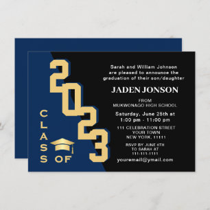 Invitation Classe moderne de 2023 Golden Navy Graduation Part