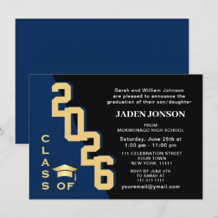 Invitation Classe moderne de 2023 Golden Navy Graduation Part
