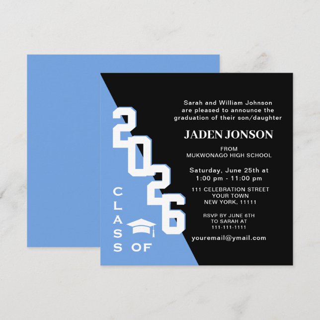 Invitation Classe moderne de 2025 Blue Black Graduation Party (Devant / Derrière)