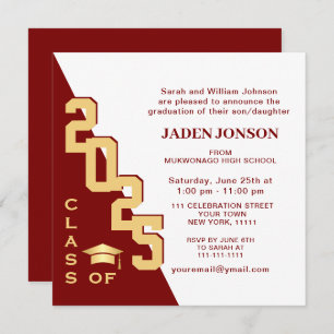 Invitation Classe moderne de 2025 Golden Red Graduation Party