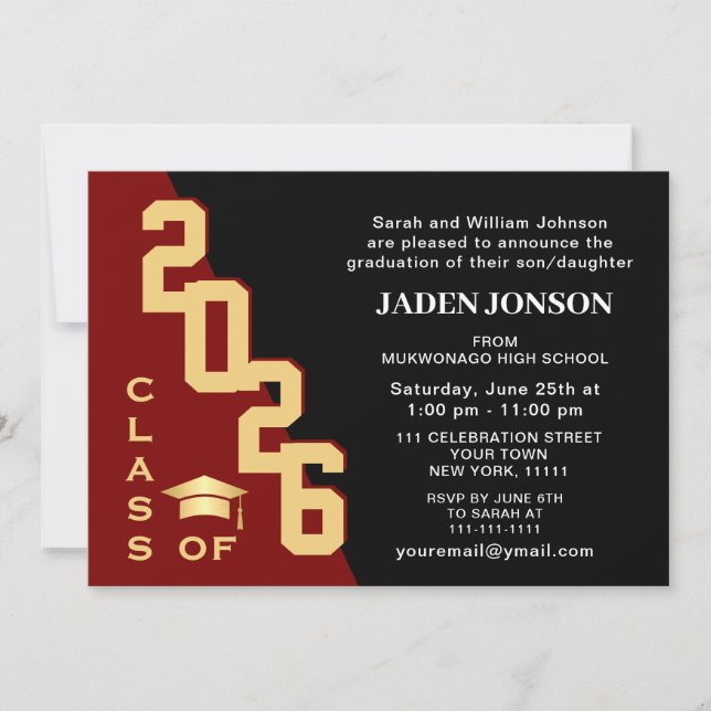 Invitation Classe moderne de 2025 Golden Red Graduation Party (Devant)