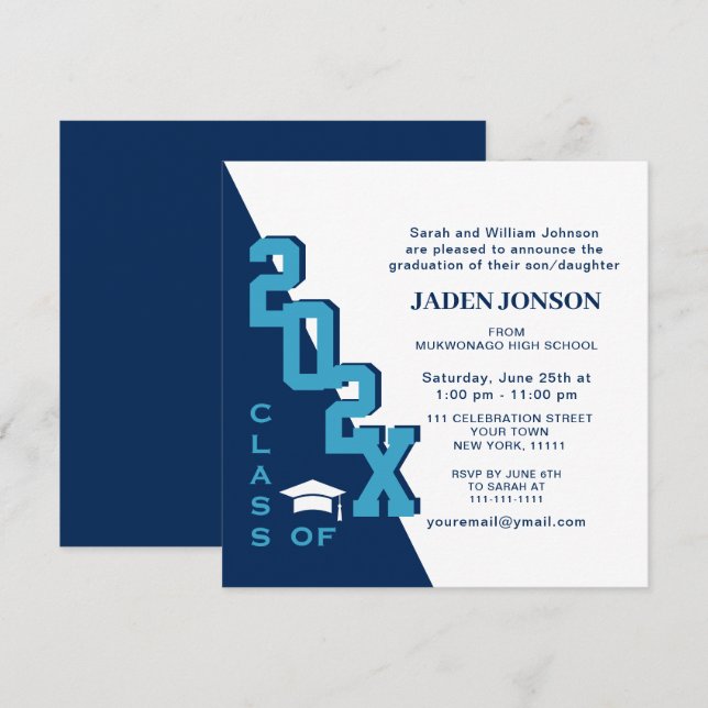 Invitation Classe moderne de 2025 Navy Blue Graduation Party (Devant / Derrière)