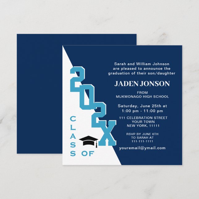 Invitation Classe moderne de 2025 Navy Blue Graduation Party (Devant / Derrière)