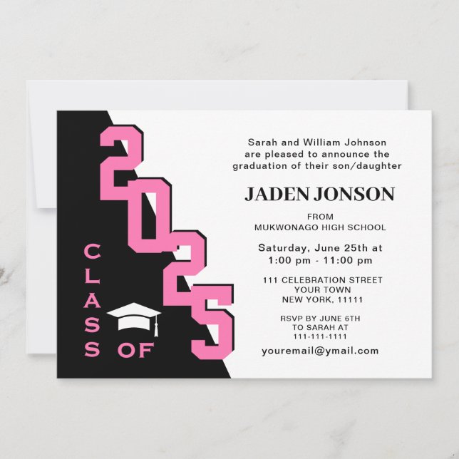 Invitation Classe moderne de 2025 Pink Black Graduation Party (Devant)