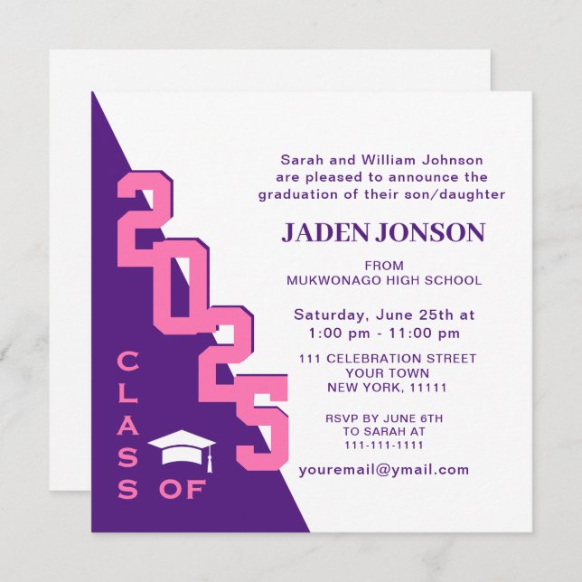 Invitation Classe moderne de 2025 Pink Purple Graduation Part (Devant / Derrière)