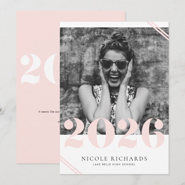 Invitation Classe moderne rose pâle de 2024 - Diplôme photo (Devant / Derrière)