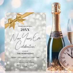 Invitation Classé New Years Eve Party Argent Bokeh Gold Bow