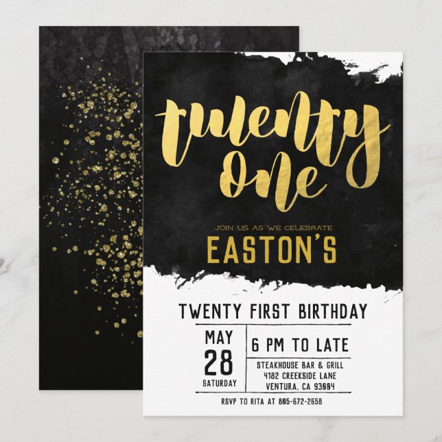 Invitation Classe Noir et Or | Fête d'anniversaire 21 ans (Devant / Derrière)