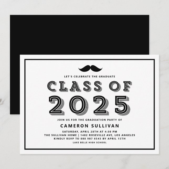 Invitation Classe noire de 2025 Mustache Rétro Graduation (Devant / Derrière)