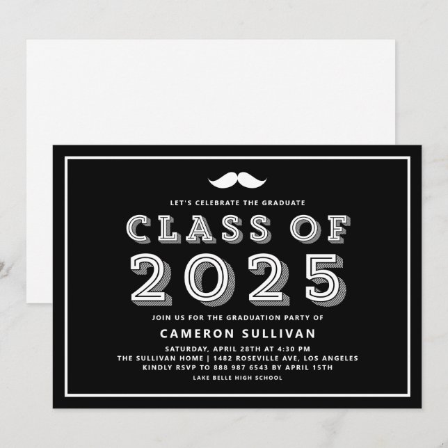 Invitation Classe noire et blanche de 2025 Mustache Graduatio (Devant / Derrière)