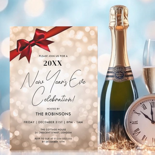 Invitation Classé Nouvel An Sove Party Cuivre Bokeh Red Bow (Classy New Years Eve Party Copper Bokeh Red Bow Invitation)