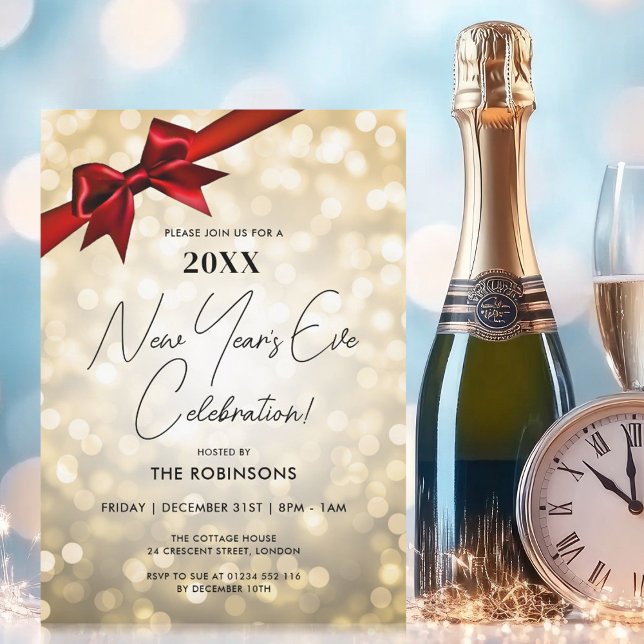 Invitation Classé Nouvel An Sove Party Gold Bokeh Red Bow (MODERN New Years Eve Party Green Bokeh Gold Bow Invitation)