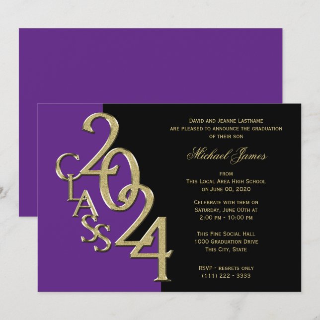Invitation Classe or violet de 2024 Grad avec option couleur (Devant / Derrière)
