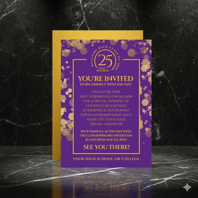Invitation Classe Purple & Gold Réunion (Elegant Purple & Gold School Class Reunion Invitation Cover Photo)