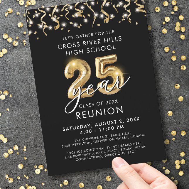 Invitation Classe Retrouvailles 25 ans Moderne Flux Noir Or (Créateur téléchargé)