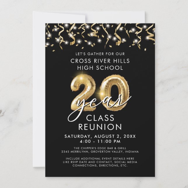 Invitation Classe Reunion 20 ans moderne Black Gold Balloon (Devant)