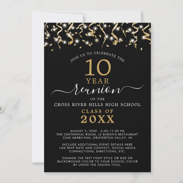 Invitation Classe Reunion Black Gold Confetti Streamers (Devant)