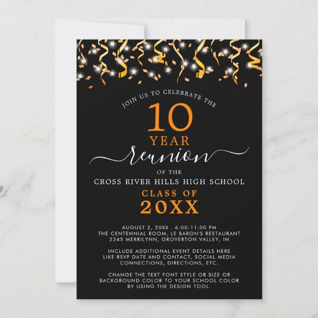 Invitation Classe Reunion Black Orange Confetti Streamers (Devant)