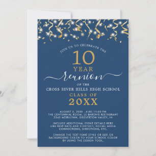 Invitation Classe Reunion Blue Gold Confetti Streamers