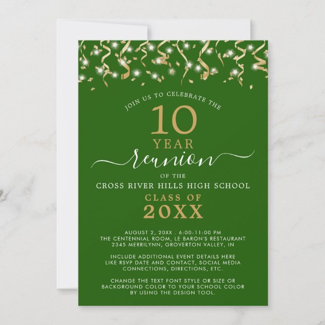 Invitation Classe Reunion Green Gold Confetti Streamers (Devant)