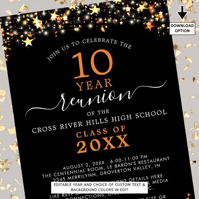 Invitation Classe Réunion Noir Orange Étoiles Éclairage Chaqu (Créateur téléchargé)