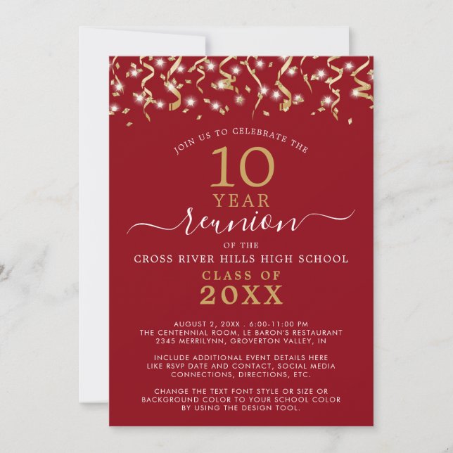 Invitation Classe Reunion Red Gold Confetti Streamers (Devant)