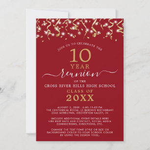 Invitation Classe Reunion Red Gold Confetti Streamers