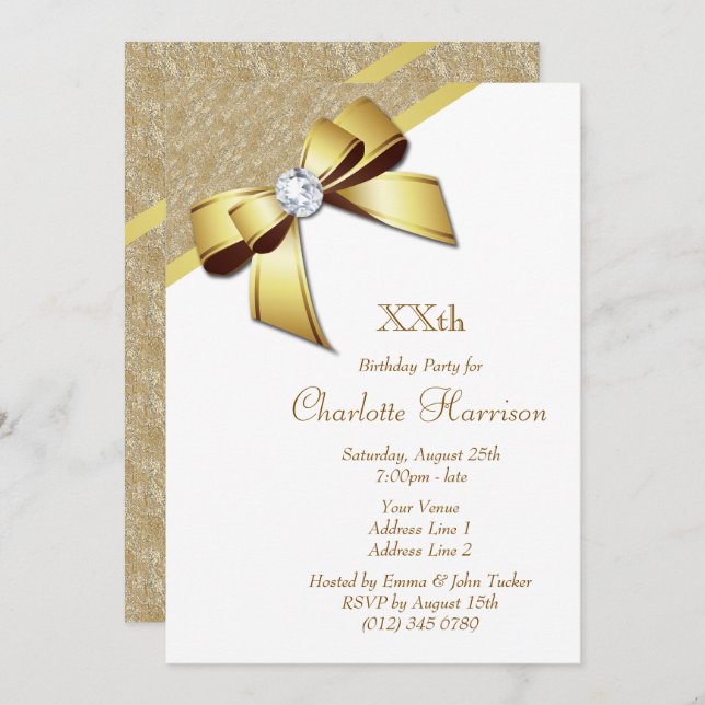 Invitation Classé Romantique Gold & White Anniversaire Party (Devant / Derrière)