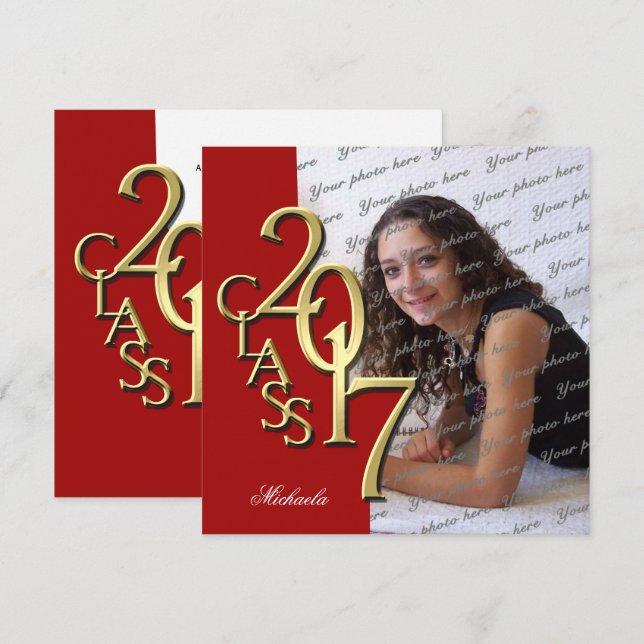 Invitation Classe Rouge et Or de 2017 Photo Graduation (Devant / Derrière)