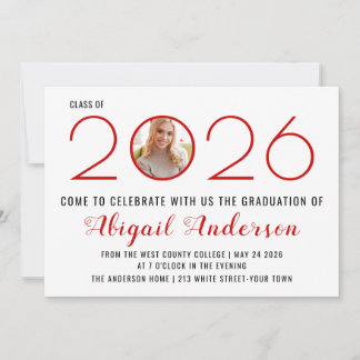 Invitation Classe rouge moderne de photo de graduation 2025