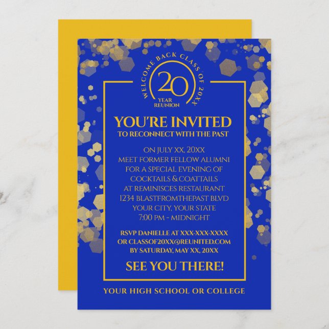 Invitation Classe Royal Blue & Gold Reunion (Devant / Derrière)