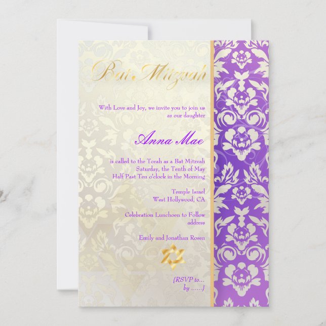Invitation Classé + Style Damask Bat mitzvah/Lavender Blue (Devant)