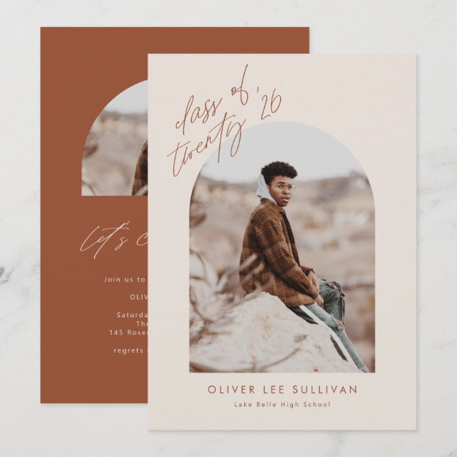 Invitation Classe Terracotta de 2025 Arch Photo Graduation (Devant / Derrière)