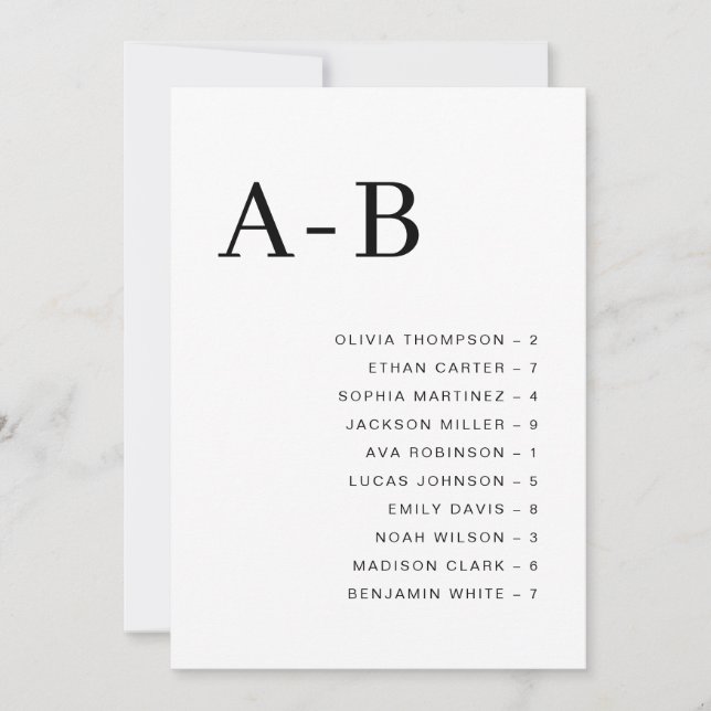 Invitation Classic Alphabetical Wedding Seating Chart Card (Devant)