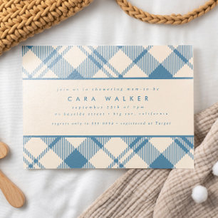 Invitation Classic Baby shower Boy Bleu Clair Beige Plaid