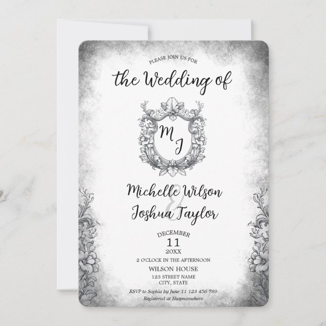 Invitation Classic Baroque Botanique Mariage Crest Monogramme (Devant)