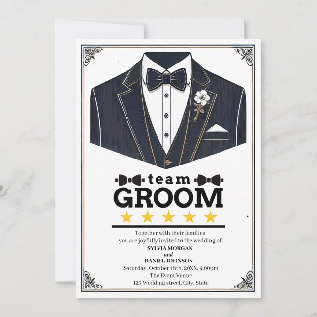 Invitation Classic Black and White Elegant Text Team Groom (Devant)