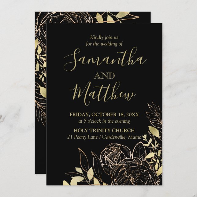 Invitation Classic Black & Gold Peony Moderne Floral Mariage (Devant / Derrière)